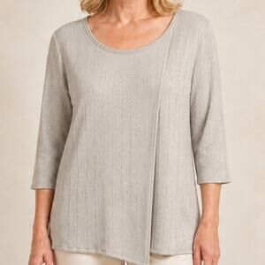 BIANA Metallic Wool Ribbed Top Womens XL Layered Champagne Beige Shimmer
